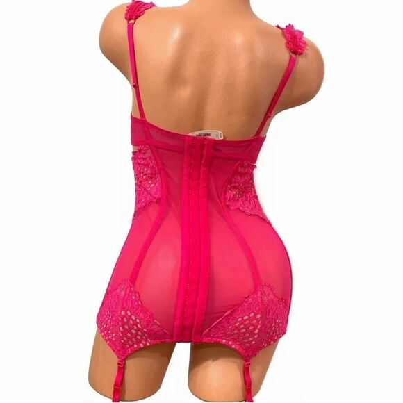 Victorias Secret Sexy Eyelet Cutout Lace Mesh Garter Slip Babydoll 34C pink - Picture 6 of 6